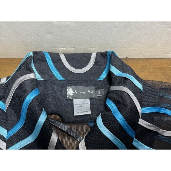 Damee Inc Womens Jacket Sz XL Mesh Sheer Button Up Art To Wear Black Blue - Picture 2 of 9